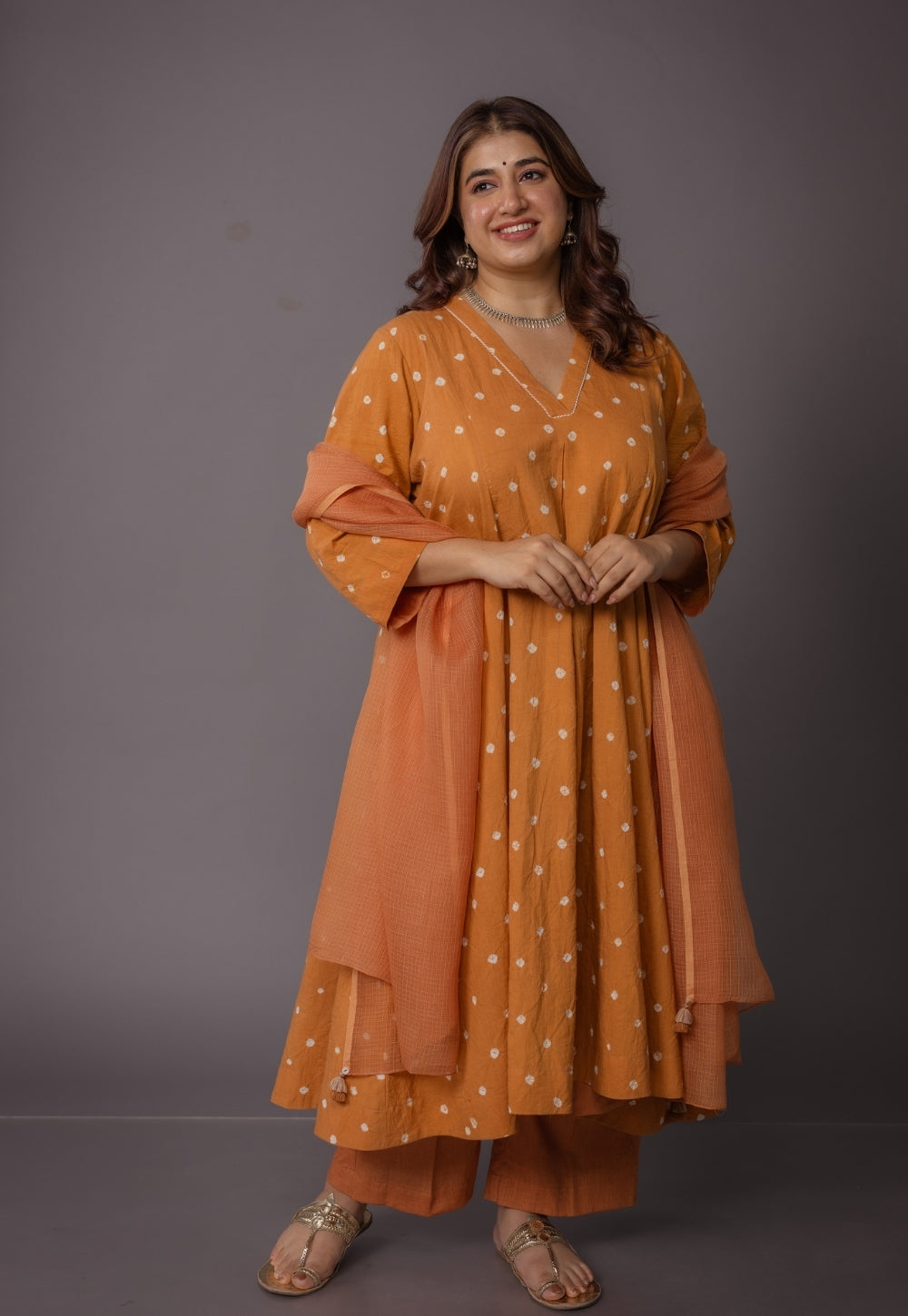Rosha Yellow Bandhani Cotton Kali Suit Set (Set of 3)