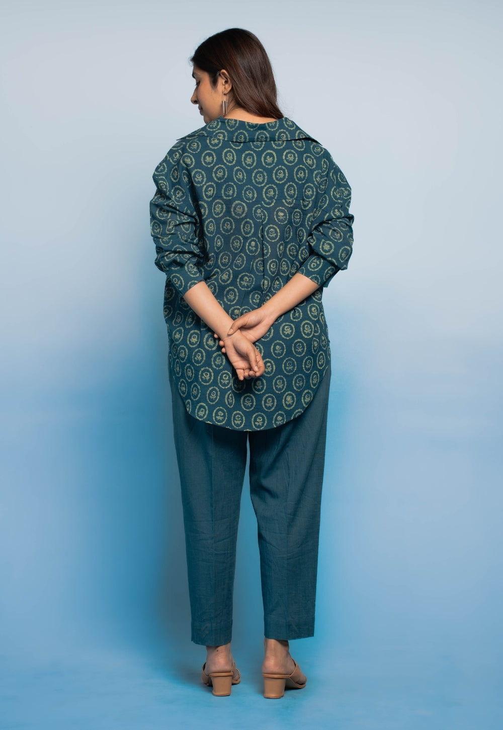 Ruhi Teal Blue Dabu Mul Cotton Straight Shirt