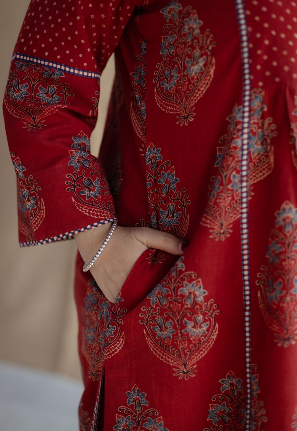 Divyathi Red Ajrakh Cotton A Line Kurta with Hand Embroidery