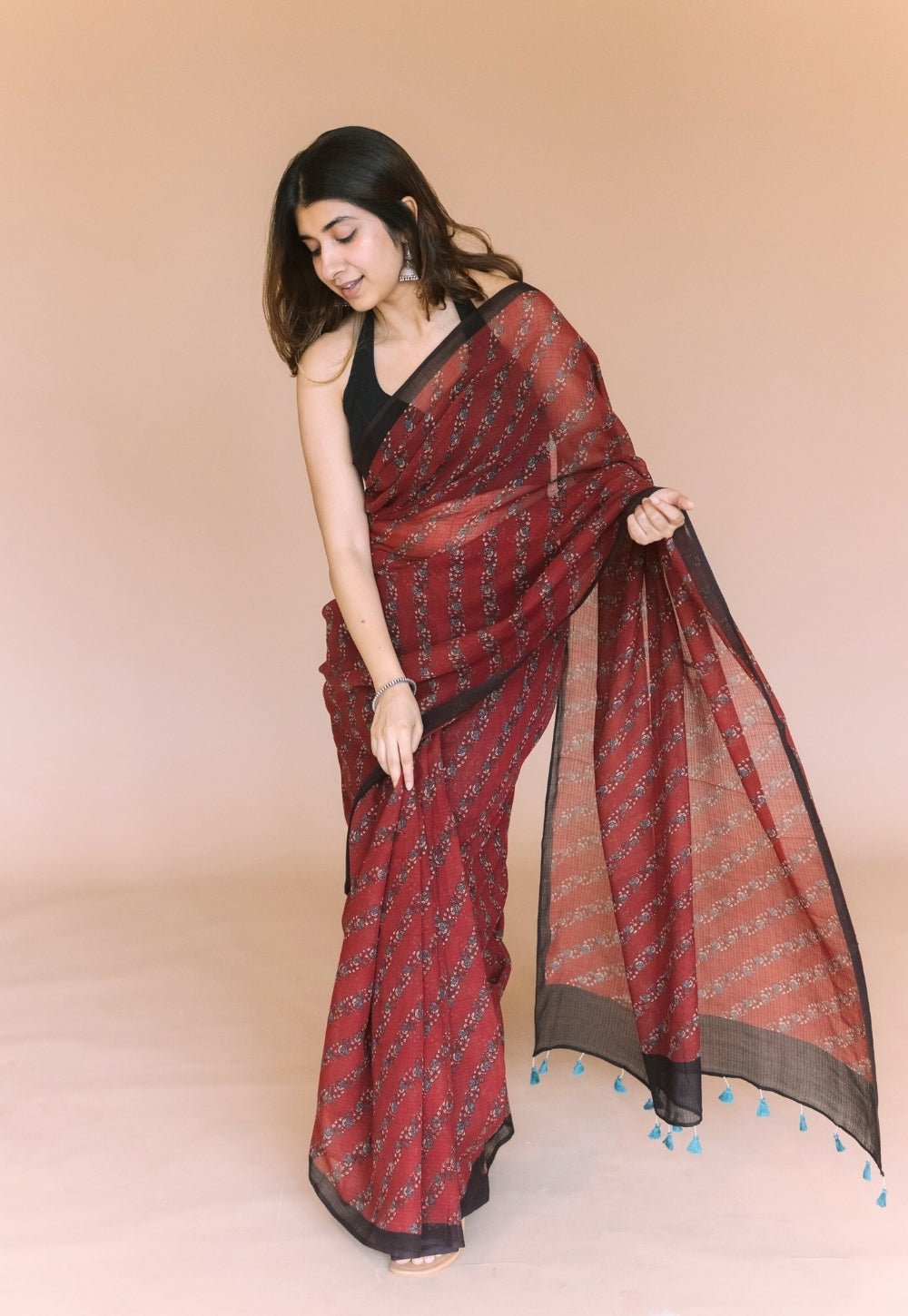 Red Floral Ajrakh Hand Block Print Kota Doria Cotton Saree