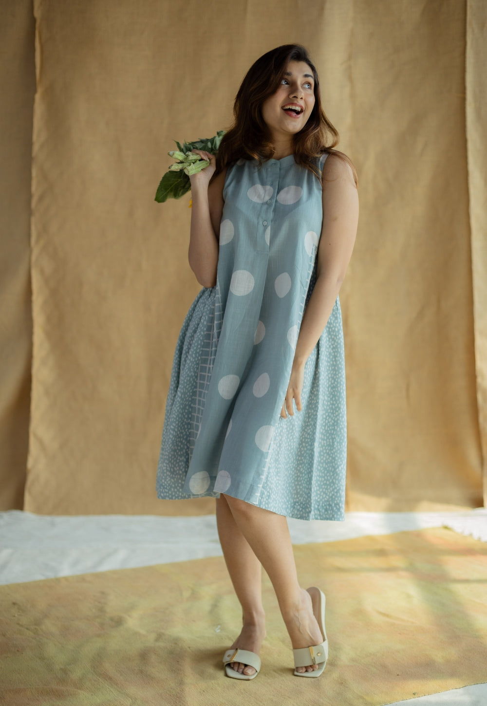 Fariyah Sky Blue Hand Block Print Slub Cotton A Line Dress
