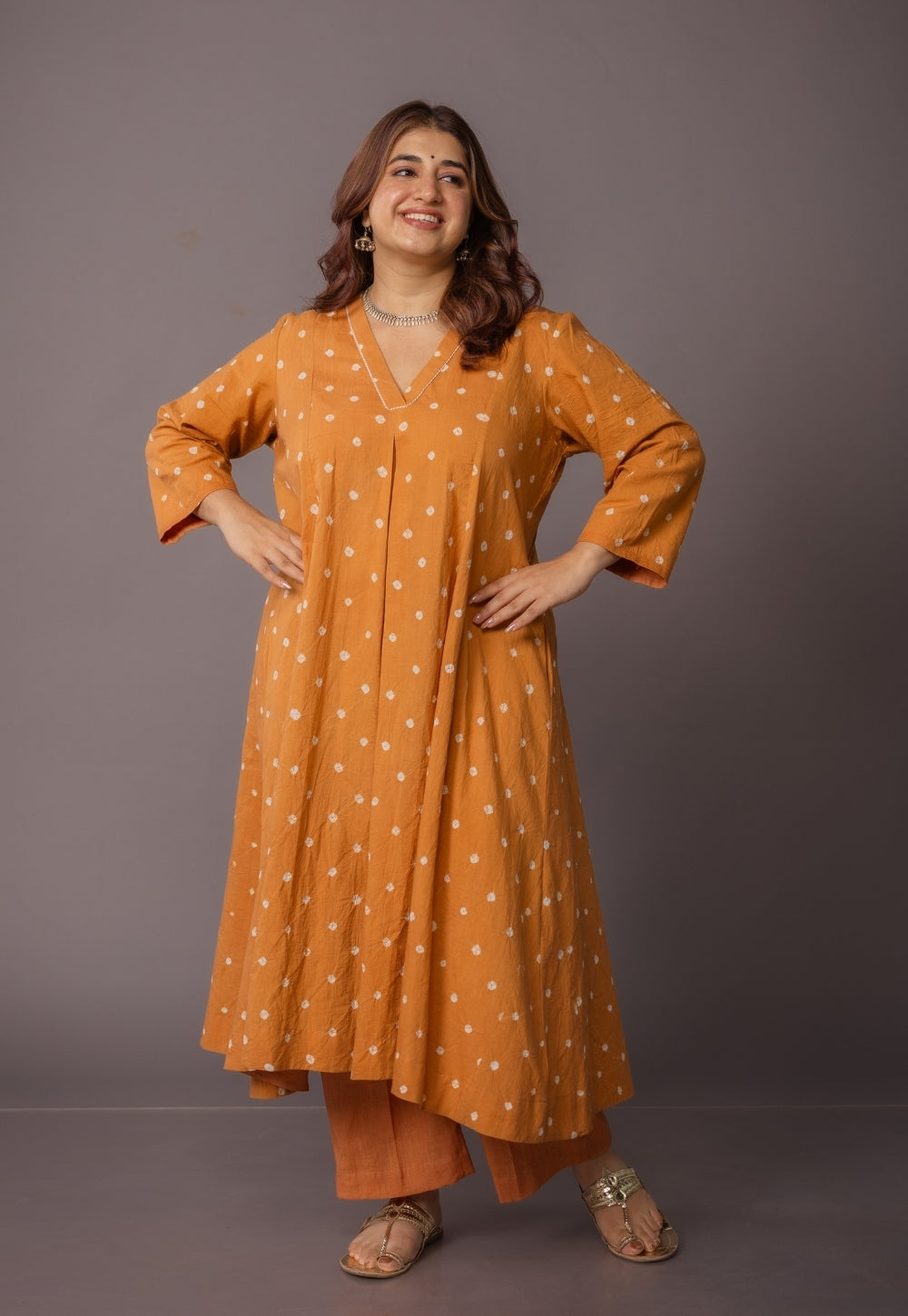 Rosha Yellow Bandhani Cotton Kali Suit Set (Set of 3)