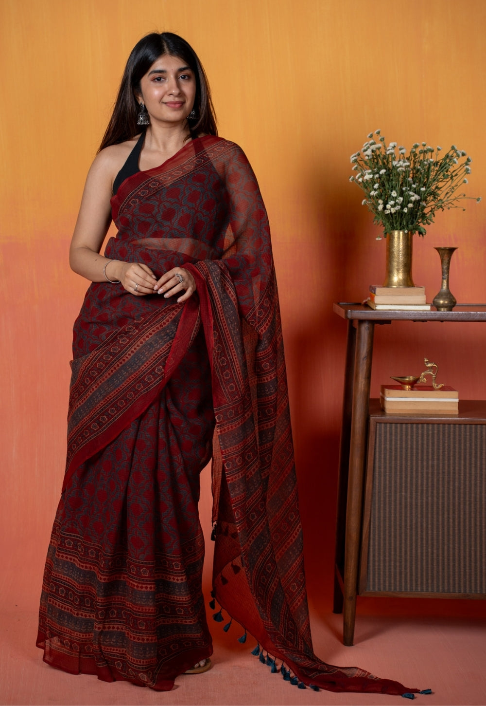 Red Floral Jaal Ajrakh Hand Block Print Kota Doria Cotton Saree