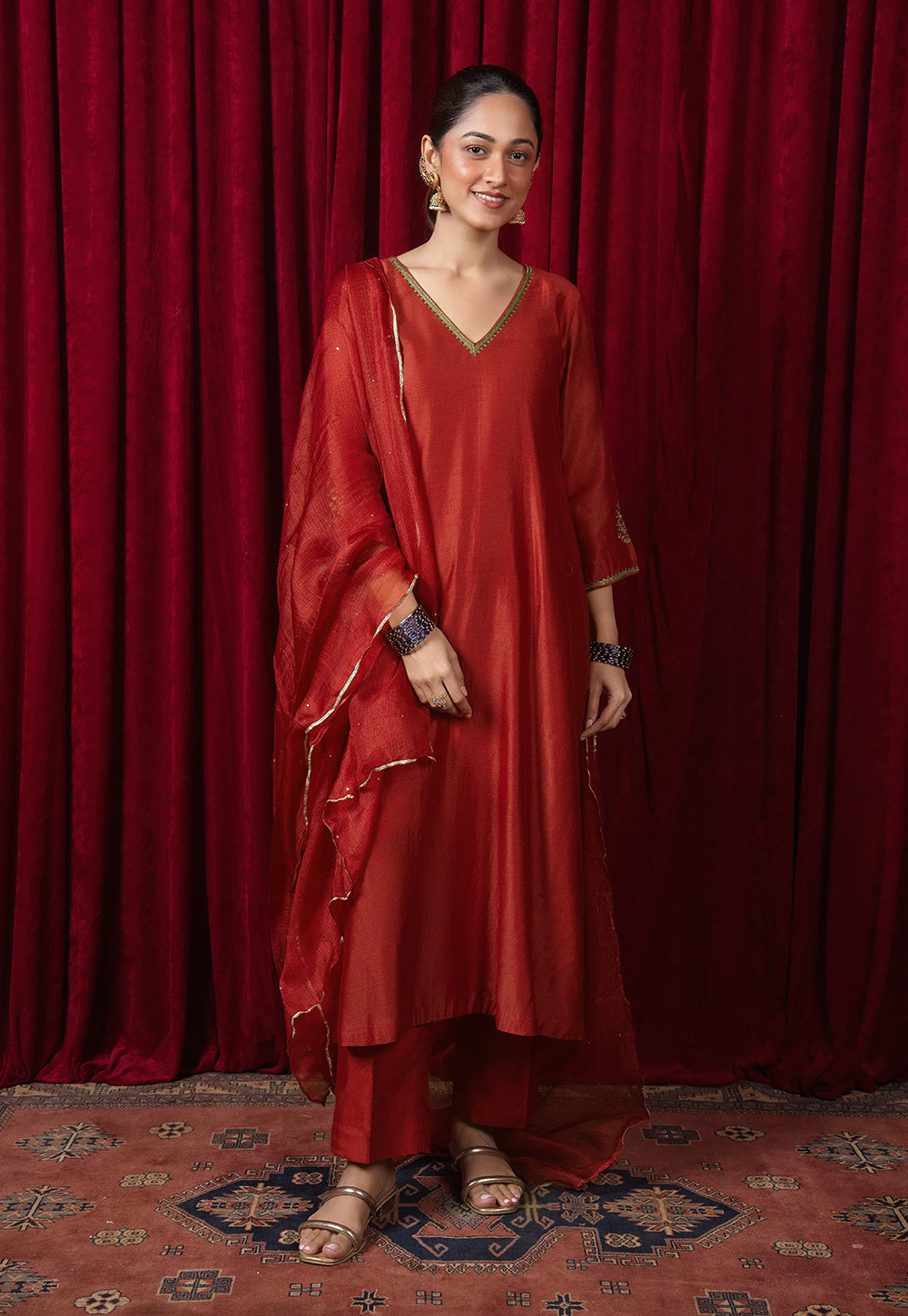 Cherry Red Solid Kota Doria Silk Dupatta with Mukaish Embroidery