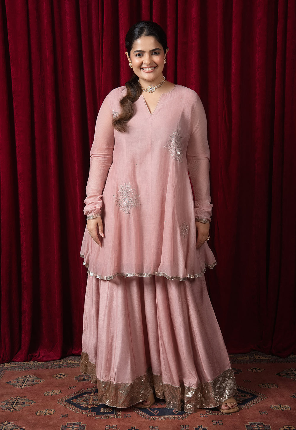 Manya Pink Solid Chanderi Silk Kali Kurta with Hand Embroidery