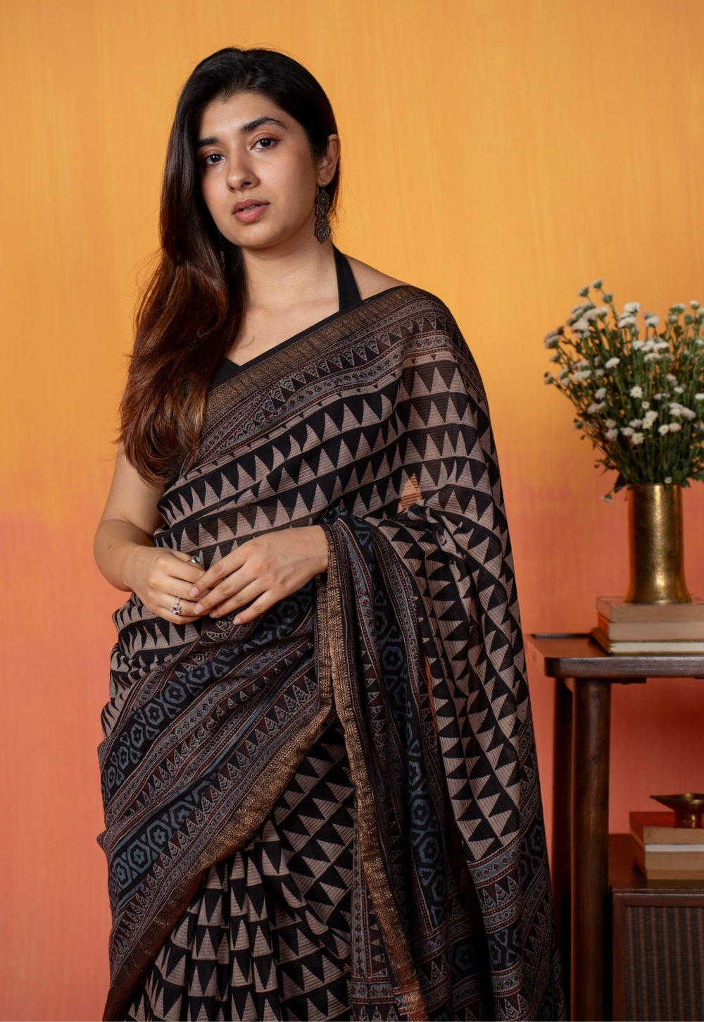 Black Tribal Ajrakh Hand Block Print Maheshwari Saree