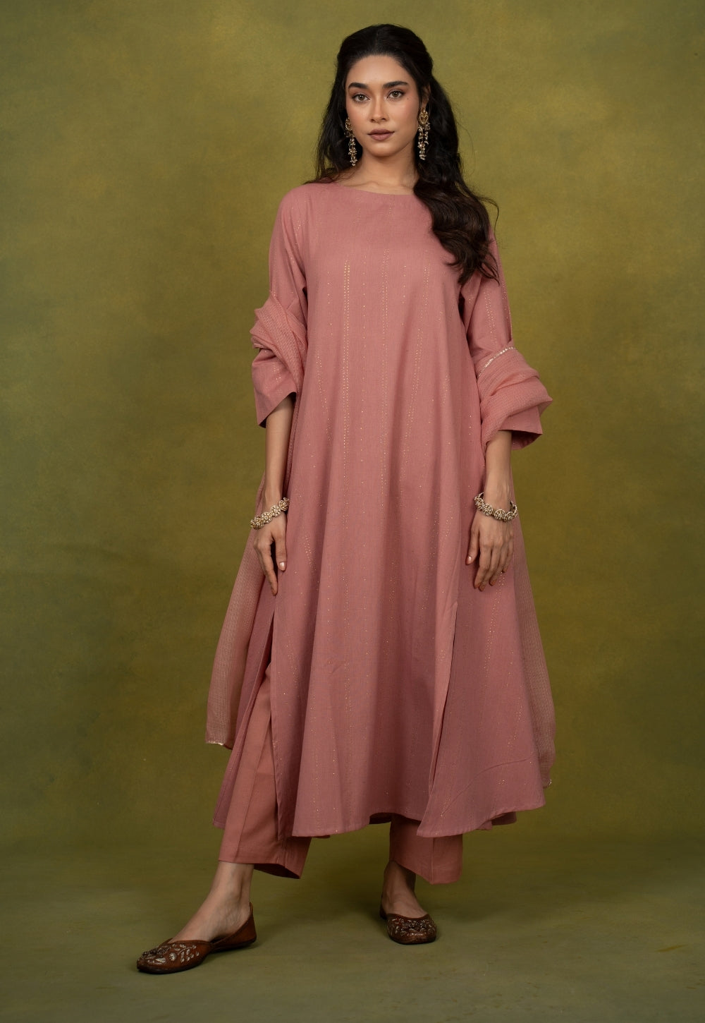 Eram Pink Rogan Handblock Printed Cotton Kali Kurta Suit Set (Set of 3)