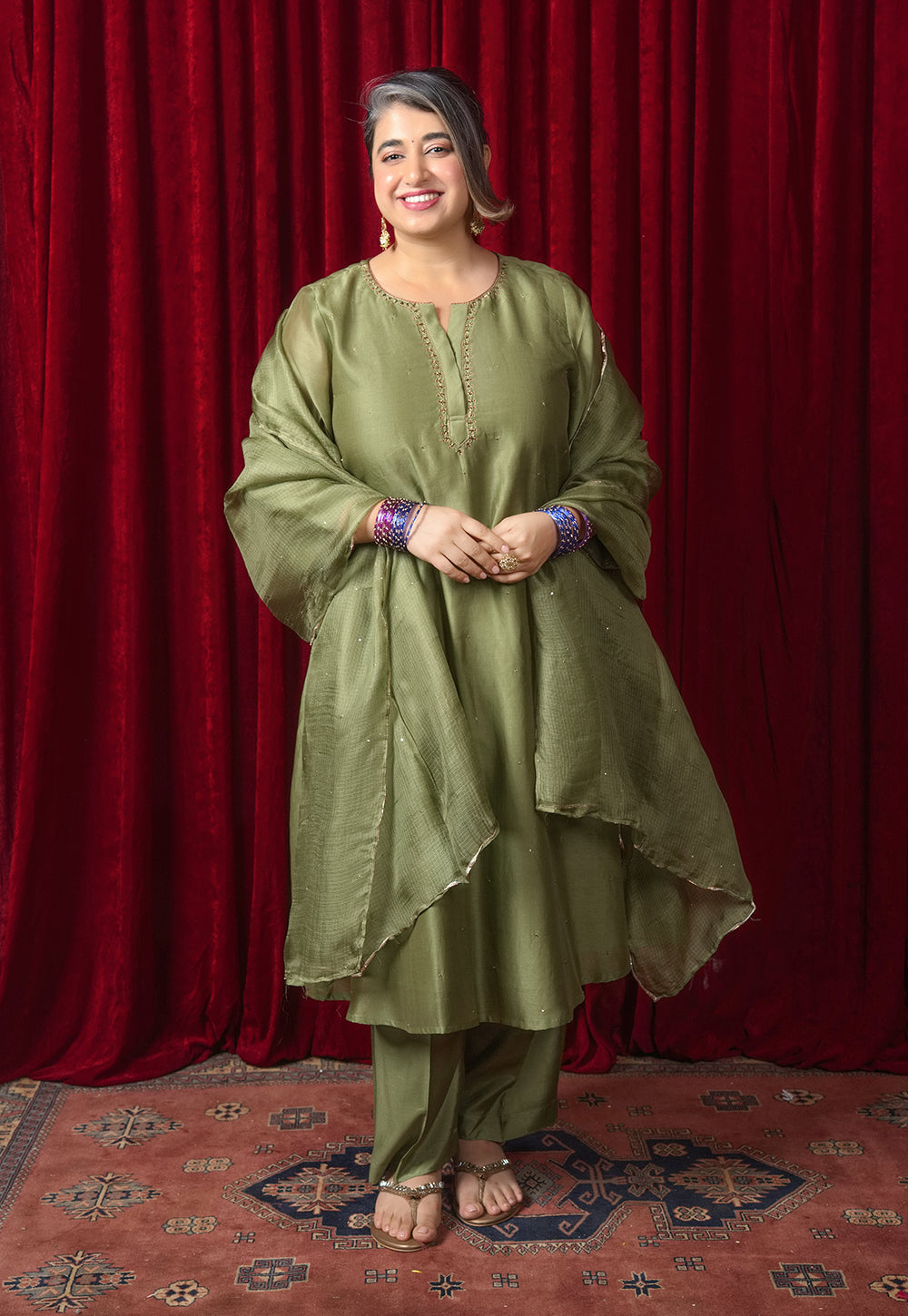 Olive Green Solid Kota Doria Silk Dupatta with Mukaish Embroidery