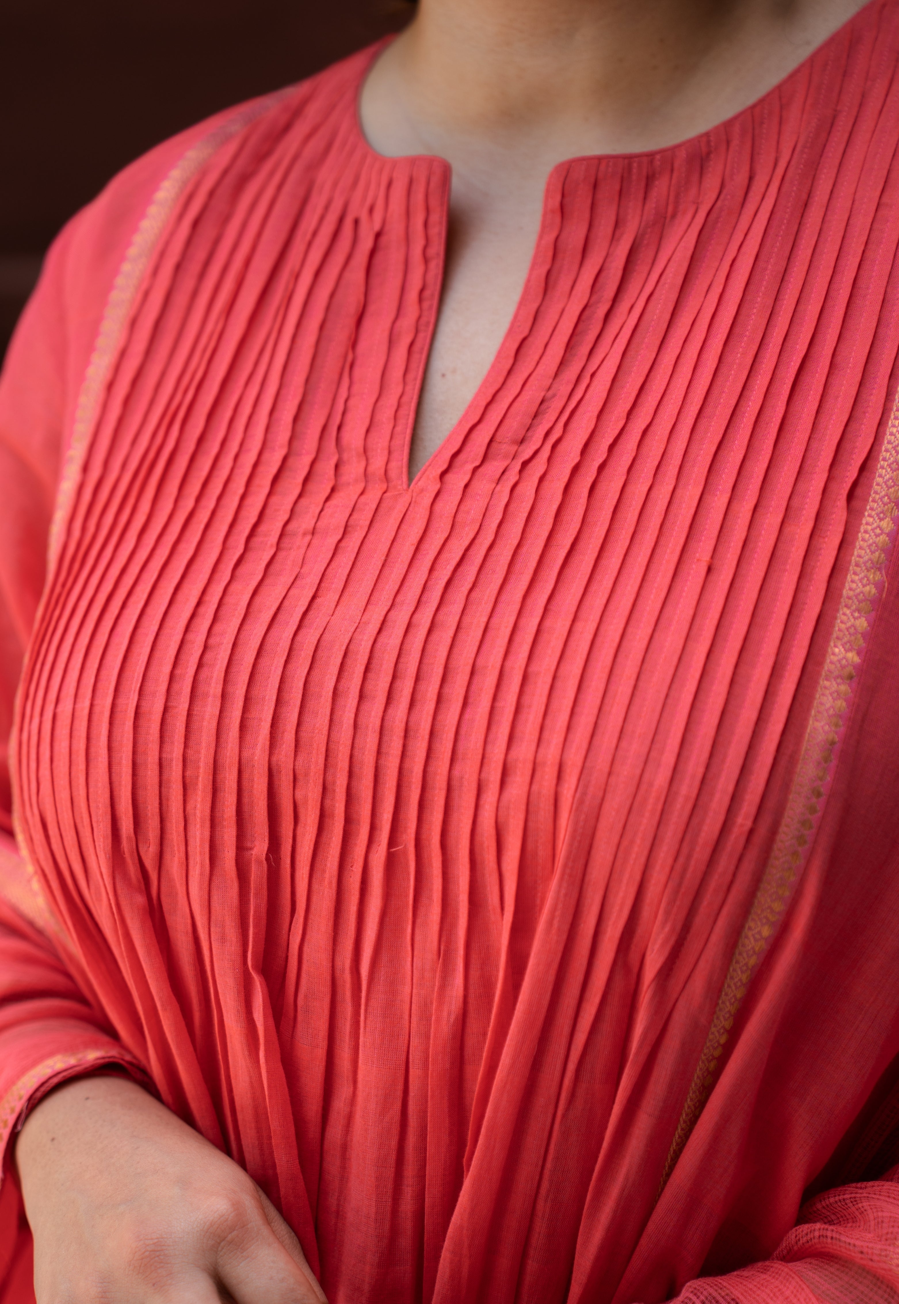 Ruhza Orange Mangalgiri Cotton Kali Kurta with Nizam Border