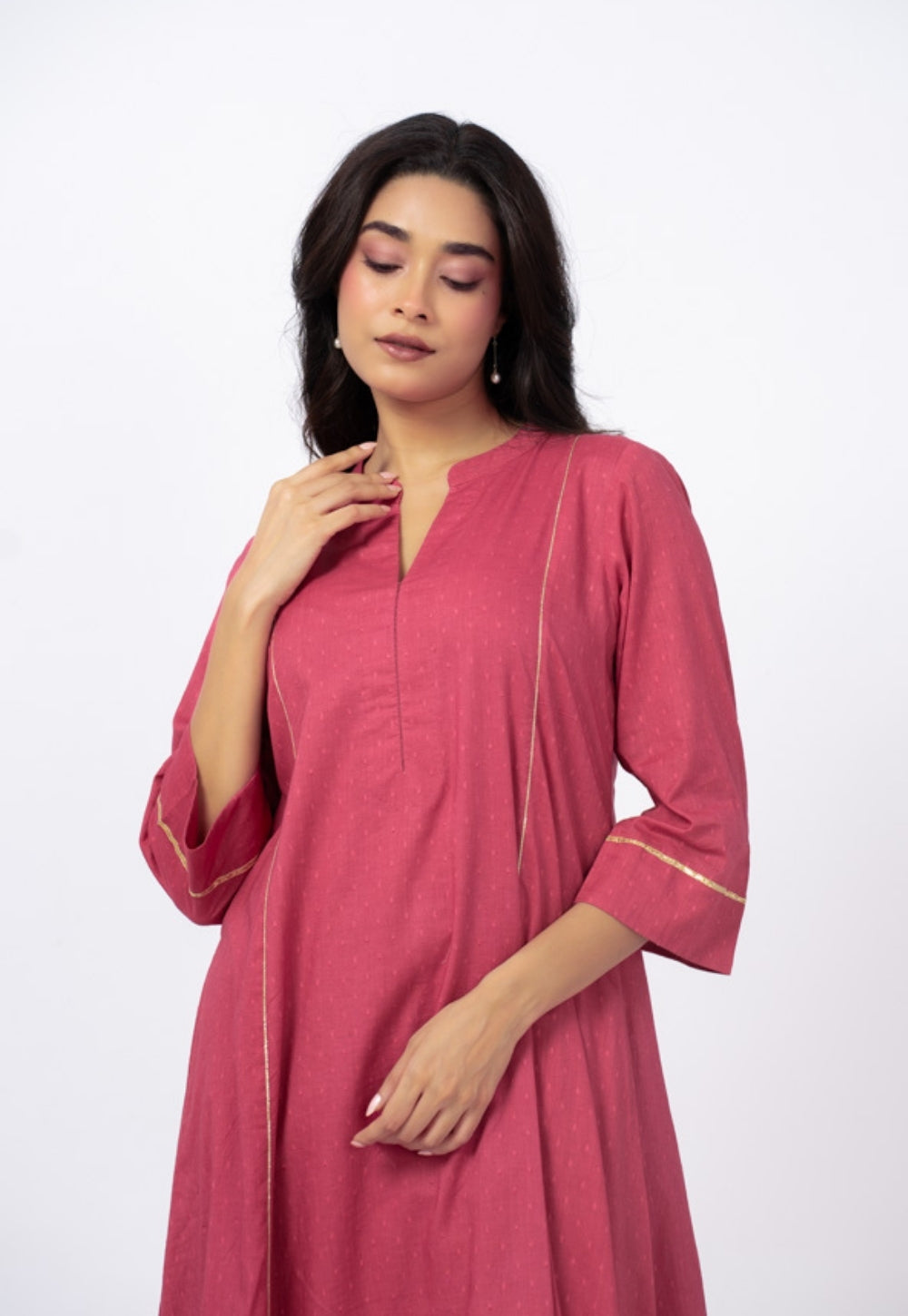Huma Pink Solid Cotton Kali Kurta Suit Set with Solid Dupatta (Set of 3)