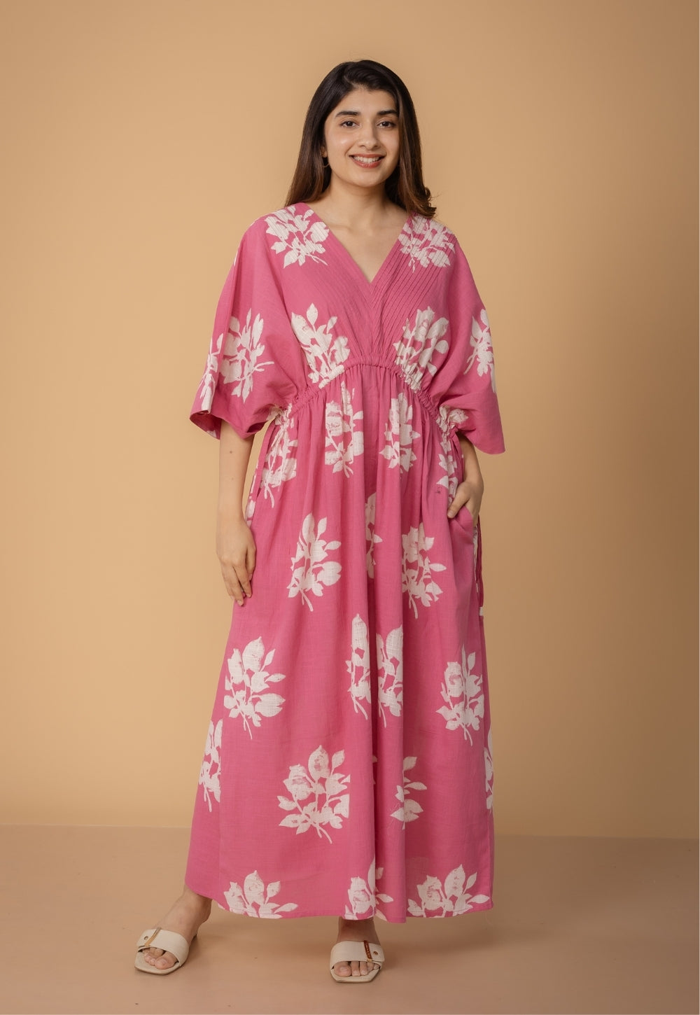 Jiana Pink Dabu Slub Cotton Kaftan Dress