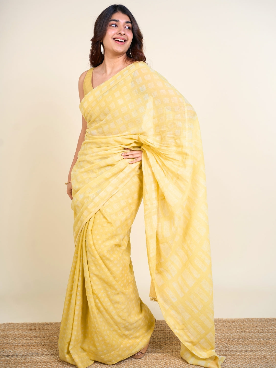 Ramisha Yellow Batik Hand Block Print Mul Cotton Saree with Embroidery