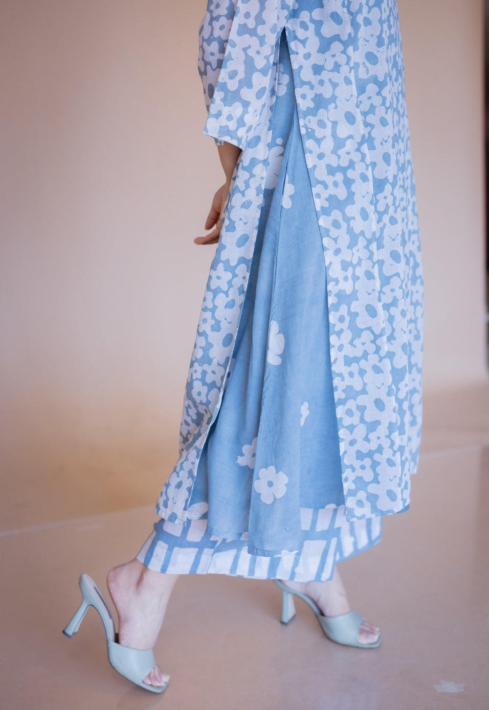 Zeha Blue Batik MulMul A Line Kurta with Slip