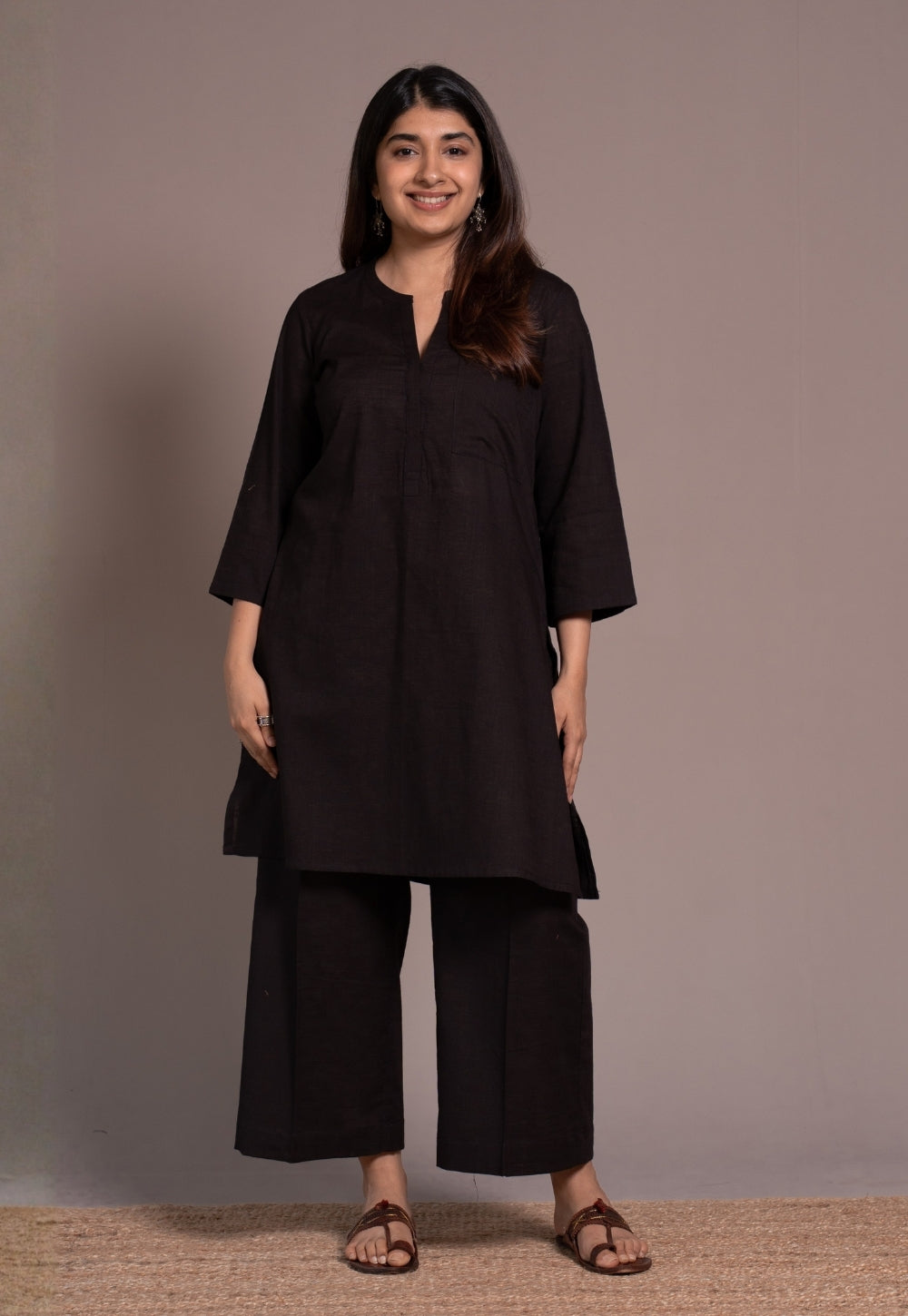 Dark Brown Solid Slub Cotton Palazzo - DyeVerse