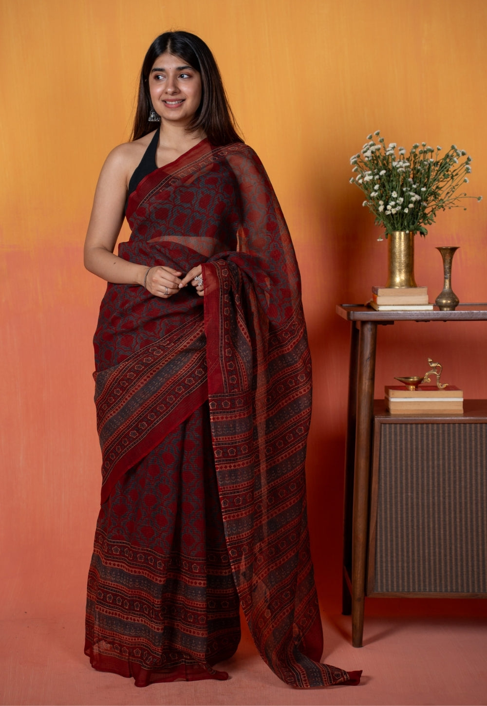Red Floral Jaal Ajrakh Hand Block Print Kota Doria Cotton Saree