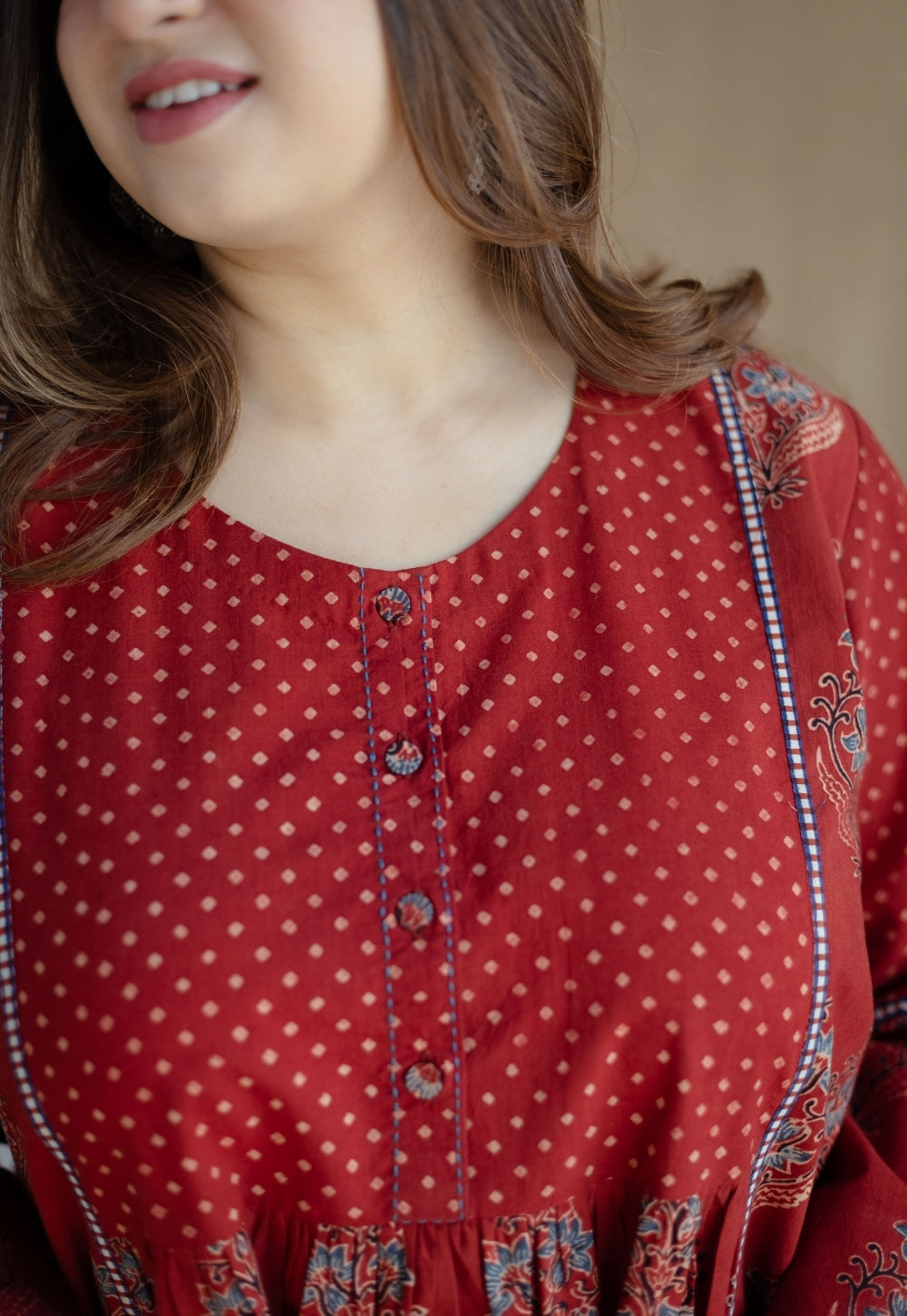 Divyathi Red Ajrakh Cotton A Line Kurta with Hand Embroidery
