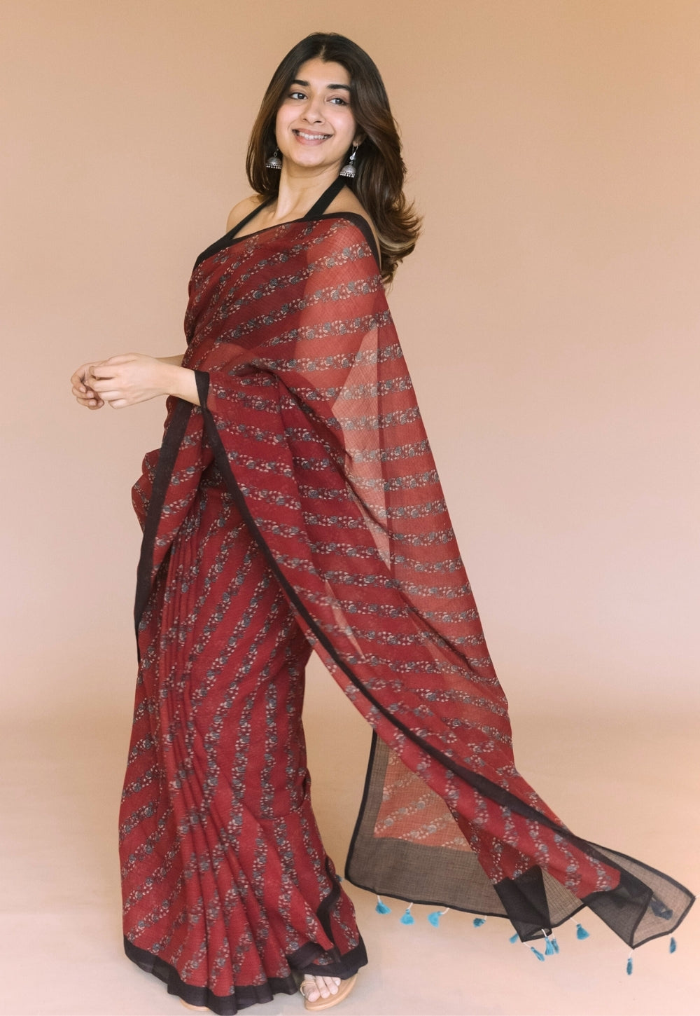 Red Floral Ajrakh Hand Block Print Kota Doria Cotton Saree