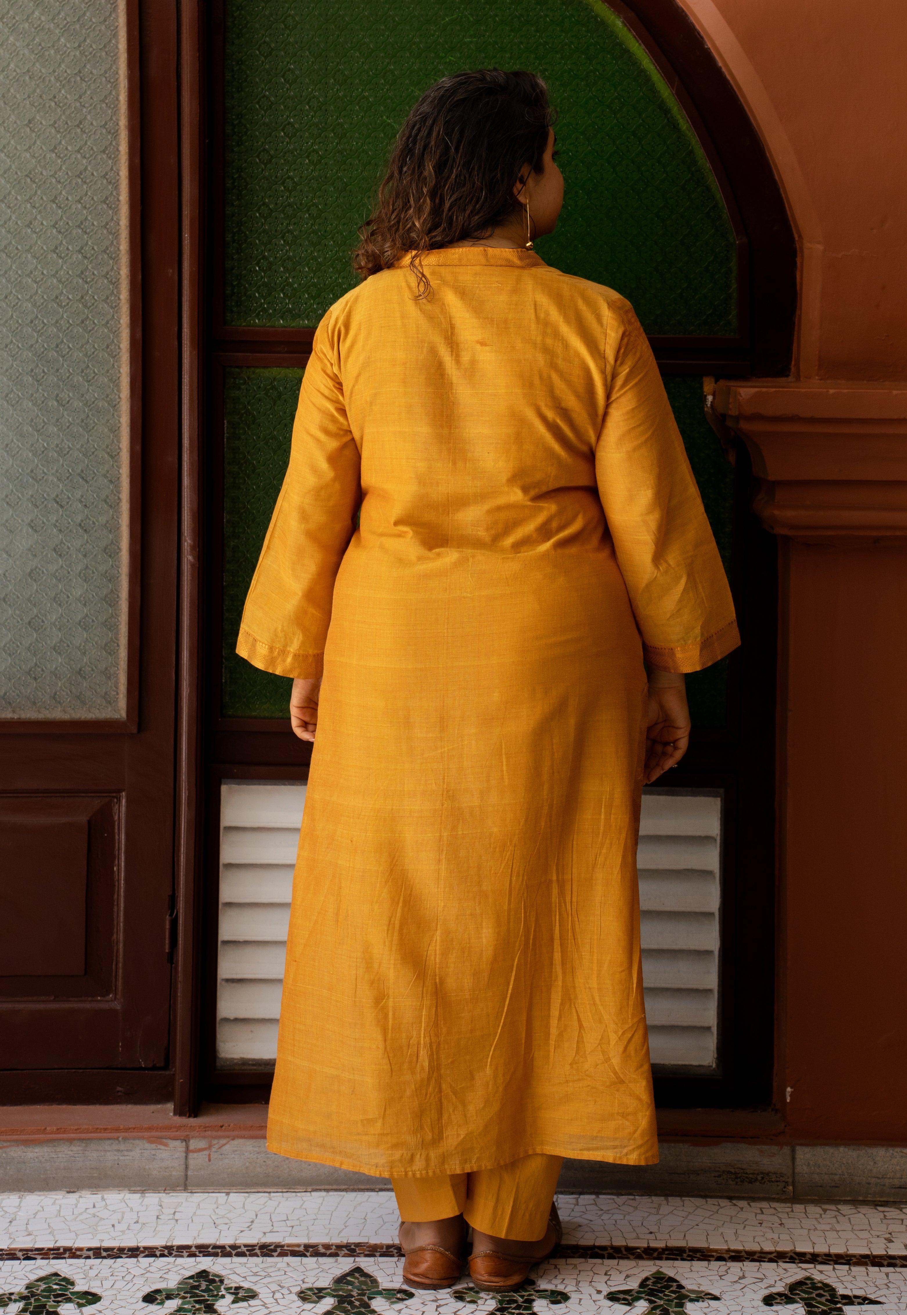 Vrusha Yellow Mangalgiri Cotton Straight Kurta with Nizam Border