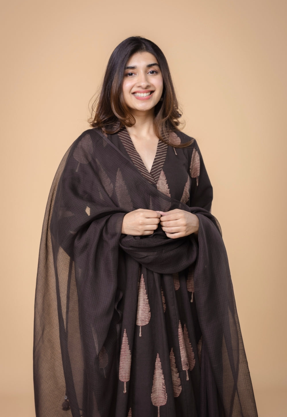 Eshita Brown Dabu Slub Cotton A Line Kurta