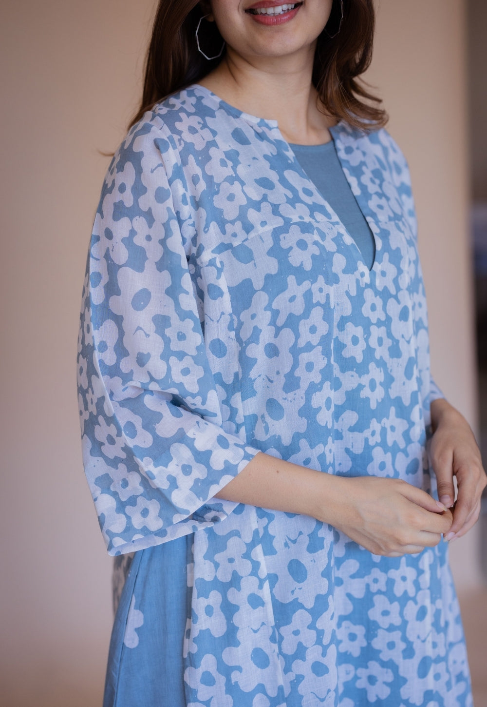 Zeha Blue Batik MulMul A Line Kurta with Slip