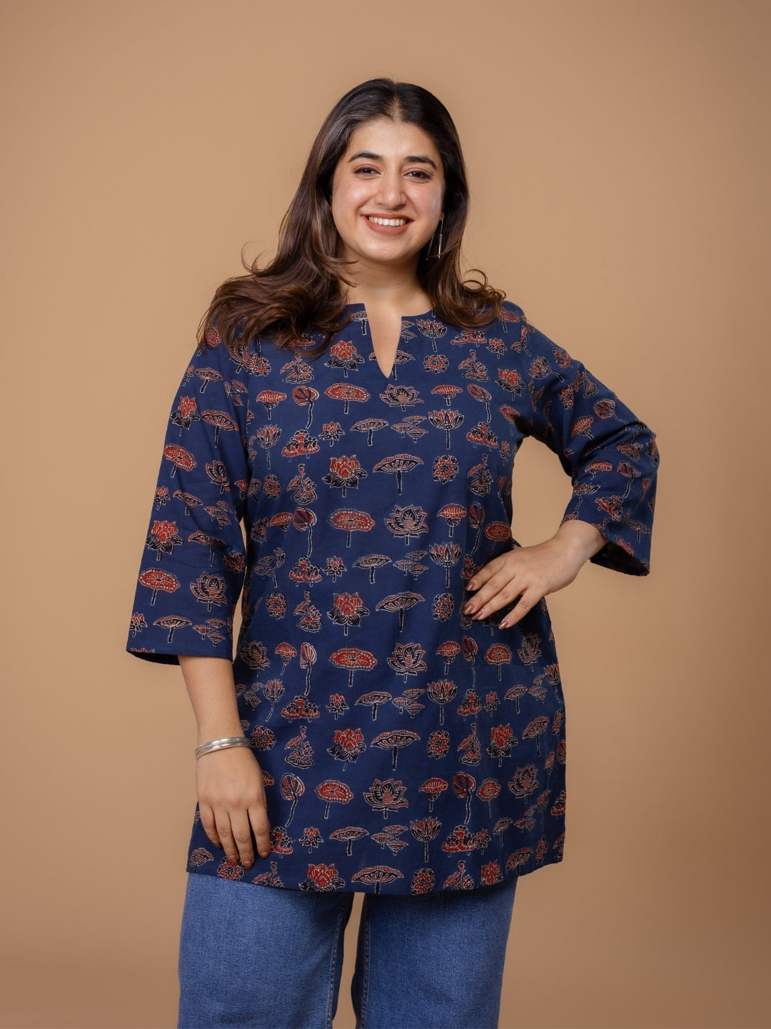 Mishel Blue Ajrakh Cotton Straight Short Top