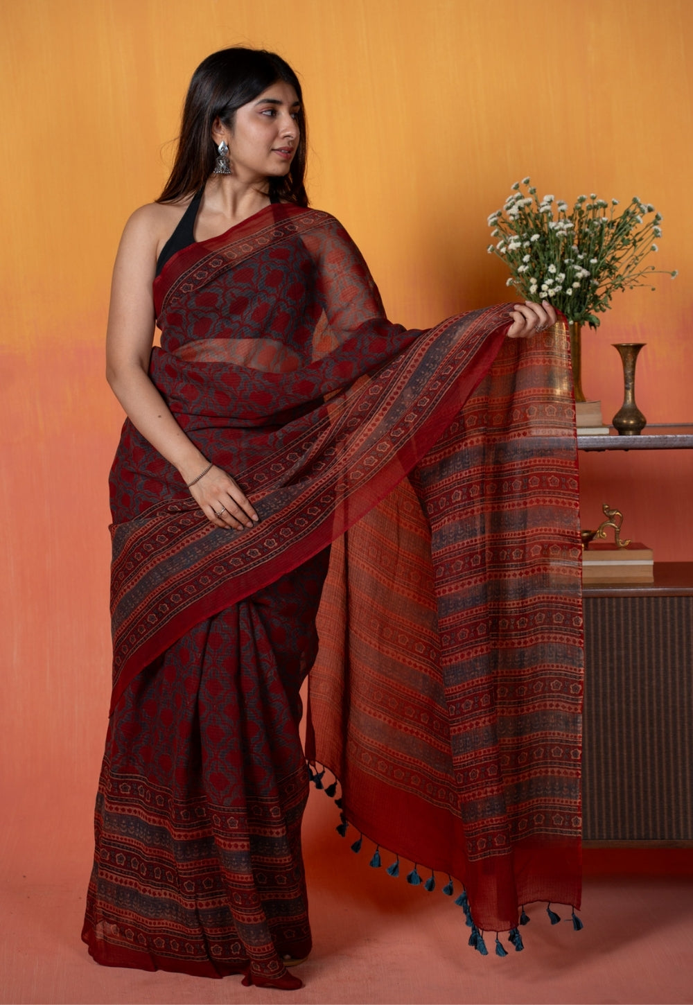 Red Floral Jaal Ajrakh Hand Block Print Kota Doria Cotton Saree