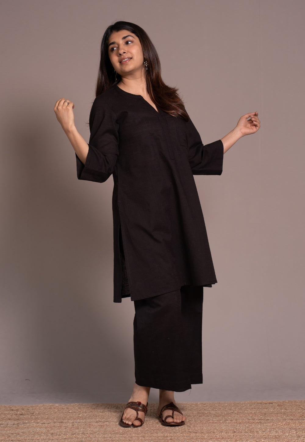 Dark Brown Solid Slub Cotton Straight Kurta - DyeVerse