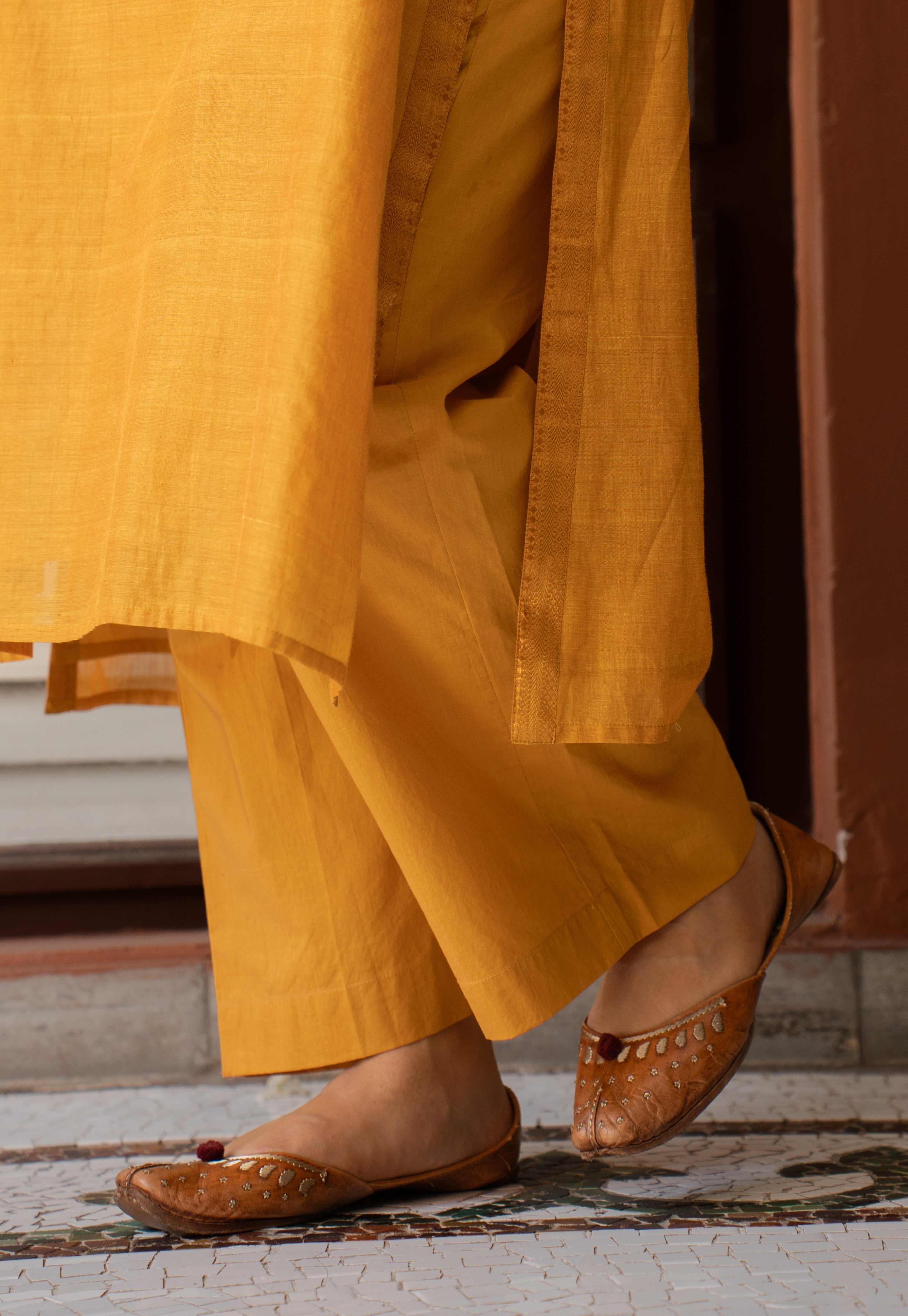 Yashi Mustard Solid Cotton Flex  Straight Pant