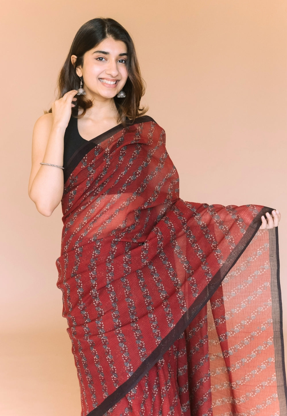 Red Floral Ajrakh Hand Block Print Kota Doria Cotton Saree
