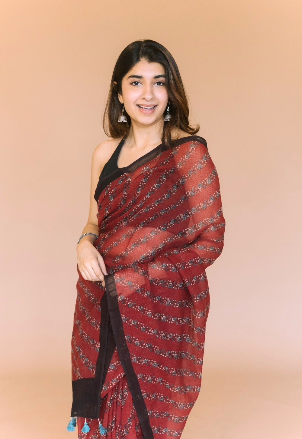 Red Floral Ajrakh Hand Block Print Kota Doria Cotton Saree
