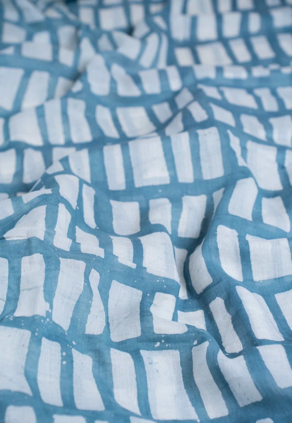 Blue Brick Pattern Batik Handblock Printed Mul Fabric