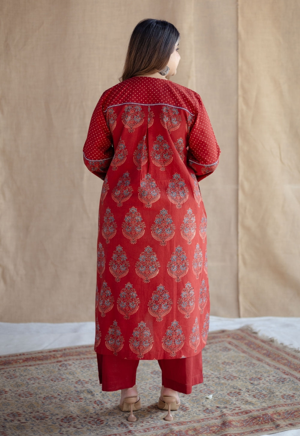 Divyathi Red Ajrakh Cotton A Line Kurta with Hand Embroidery
