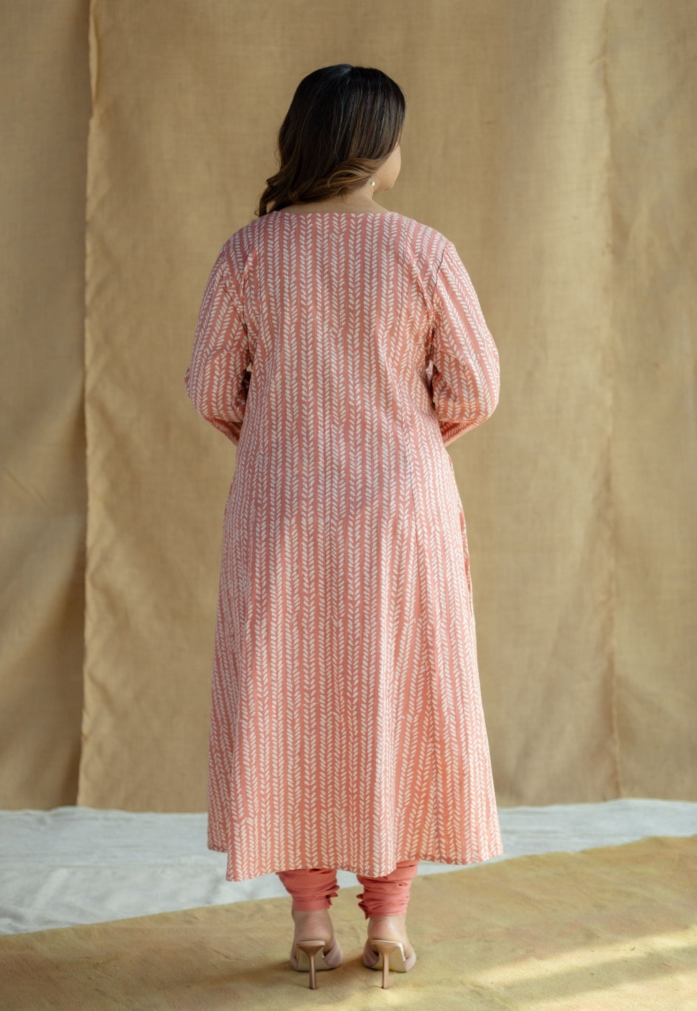 Jumana Coral Hand Block Print Slub Cotton Kali Kurta with Hand Embroidery