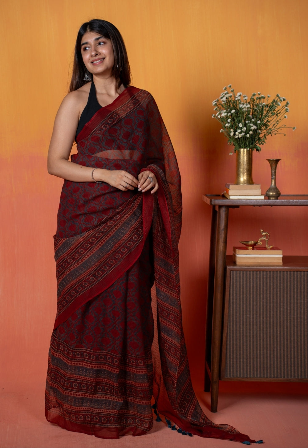 Red Floral Jaal Ajrakh Hand Block Print Kota Doria Cotton Saree