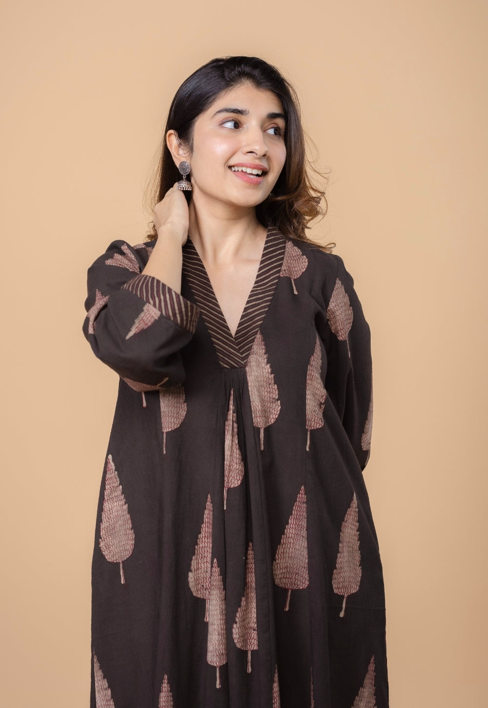 Eshita Brown Dabu Slub Cotton A Line Kurta