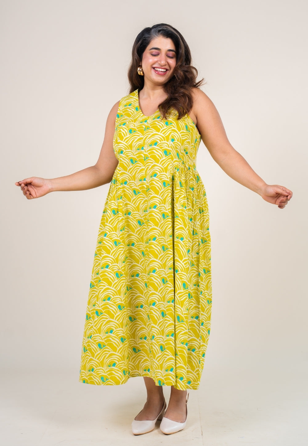 Navira Lime Green Printed Cotton A Line Dress