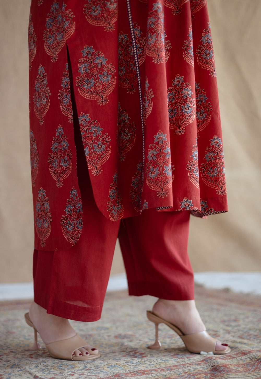 Divyathi Red Ajrakh Cotton A Line Kurta with Hand Embroidery