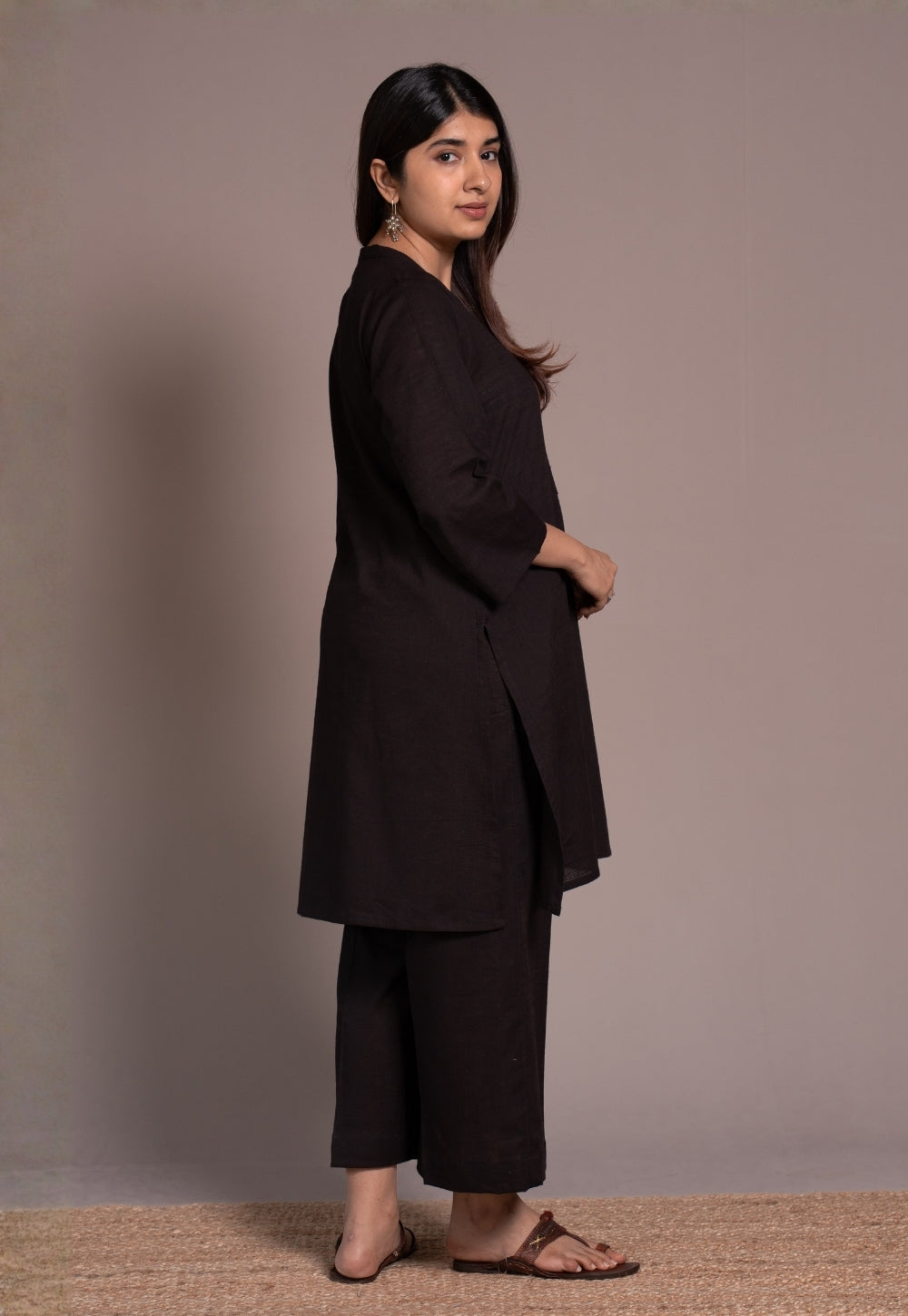 Dark Brown Solid Slub Cotton Straight Kurta - DyeVerse
