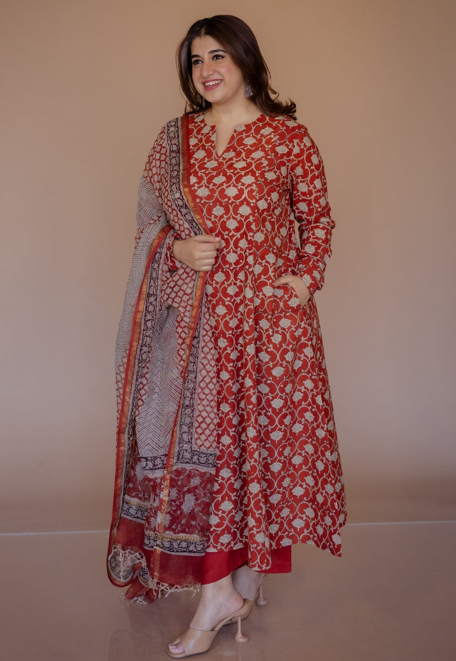Shinat Red Bagru Cotton Kali Kurta