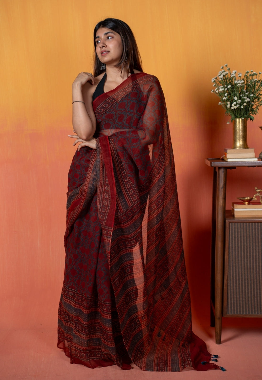 Red Floral Jaal Ajrakh Hand Block Print Kota Doria Cotton Saree