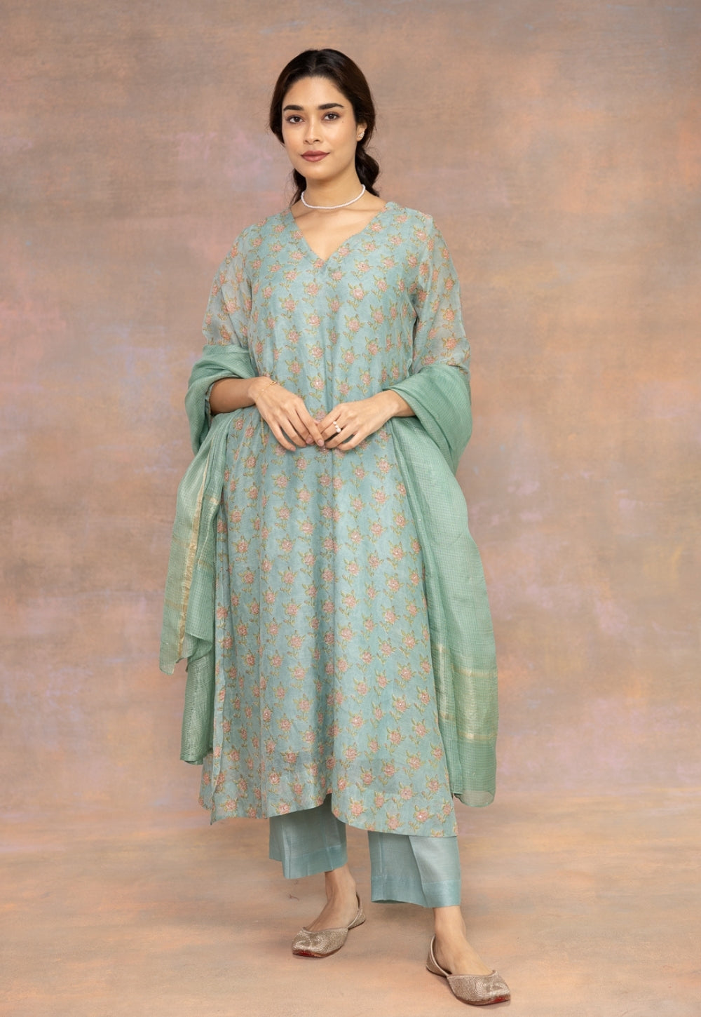 Green Solid Katan Kota Dupatta with Mukaish Detailing