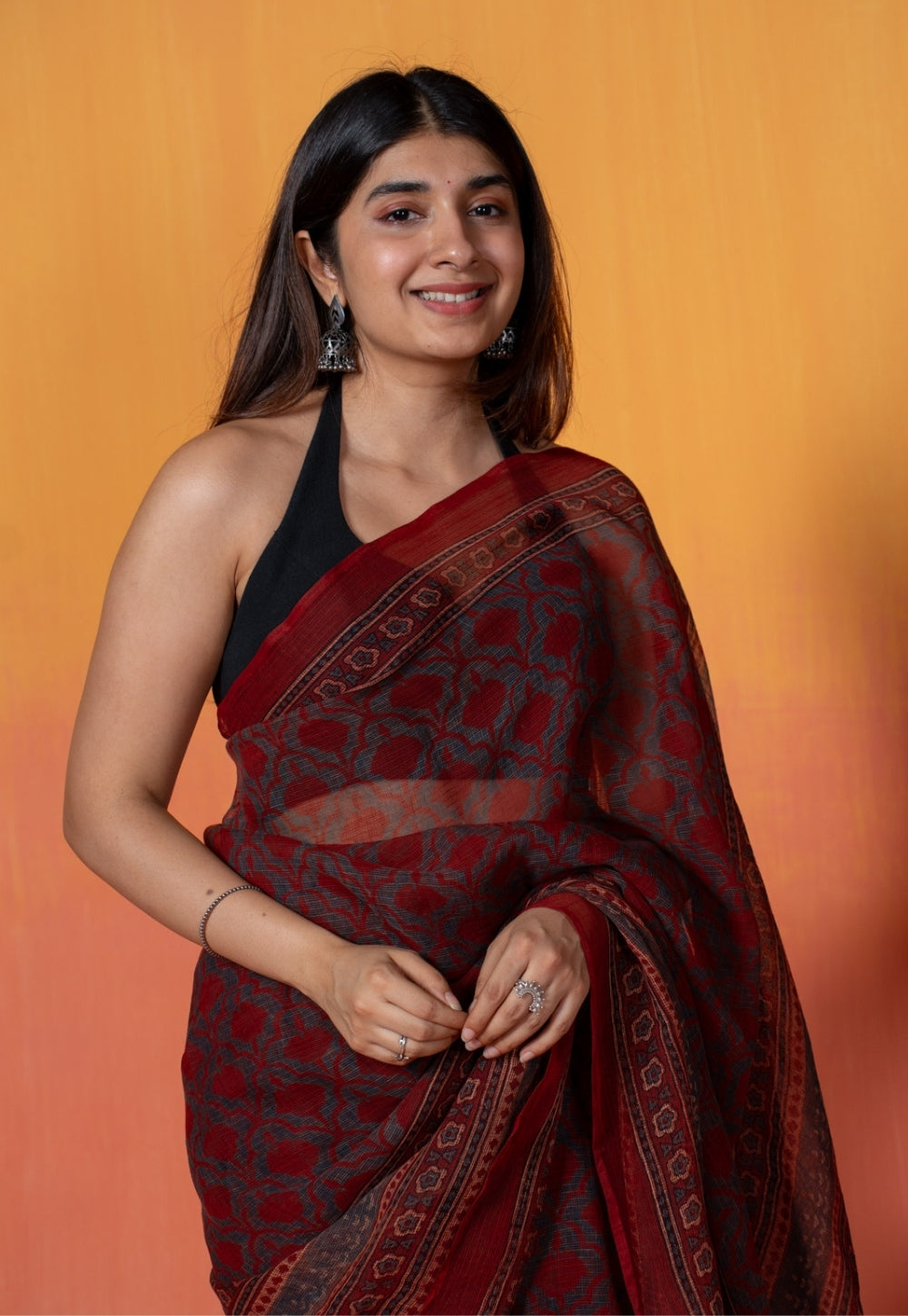 Red Floral Jaal Ajrakh Hand Block Print Kota Doria Cotton Saree