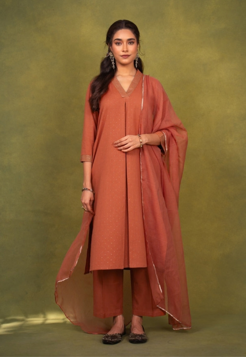 Sakhi Orange Rogan Handblock Printed Cotton Straight Kurta Suit Set (Set of 3)
