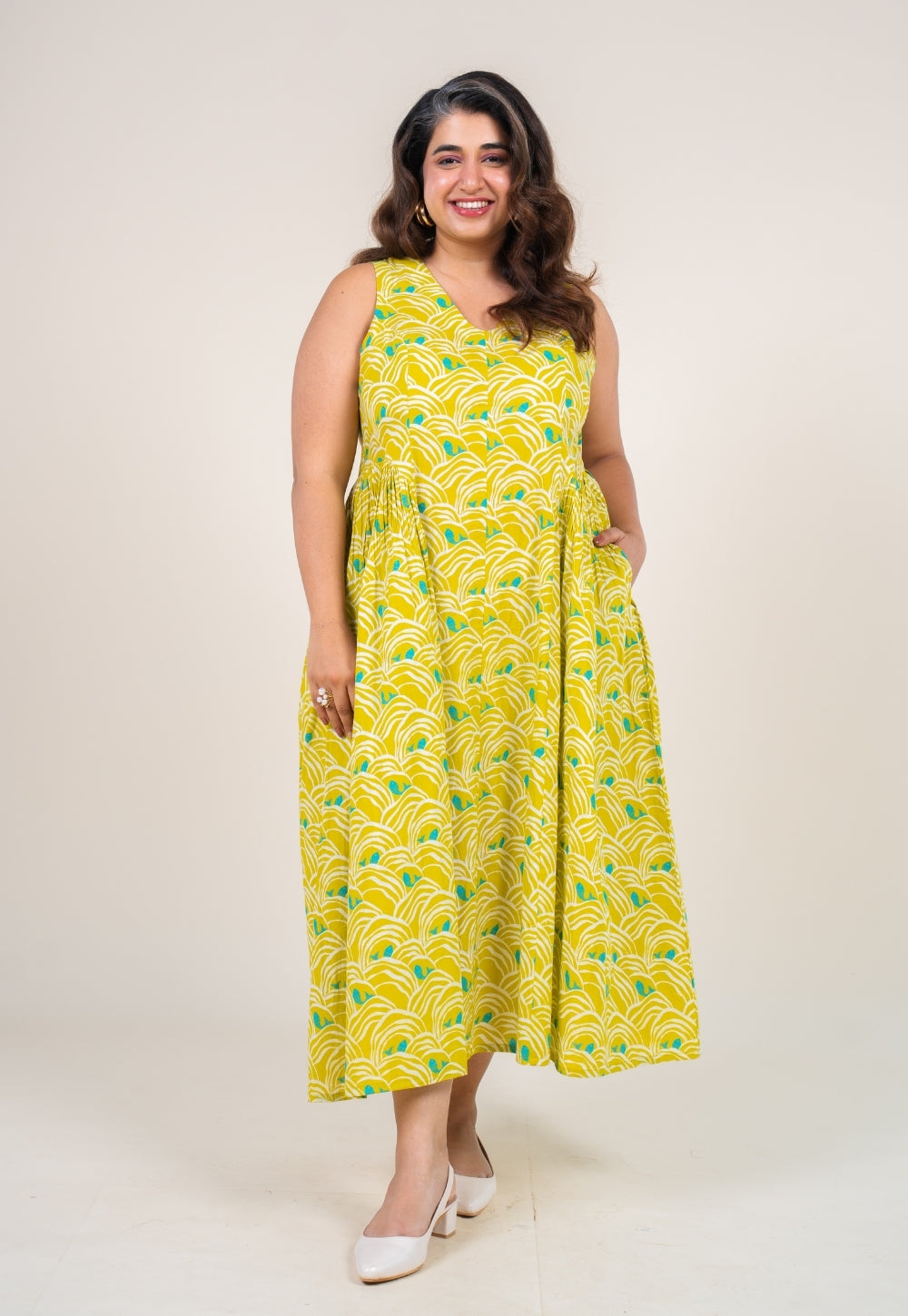 Navira Lime Green Printed Cotton A Line Dress