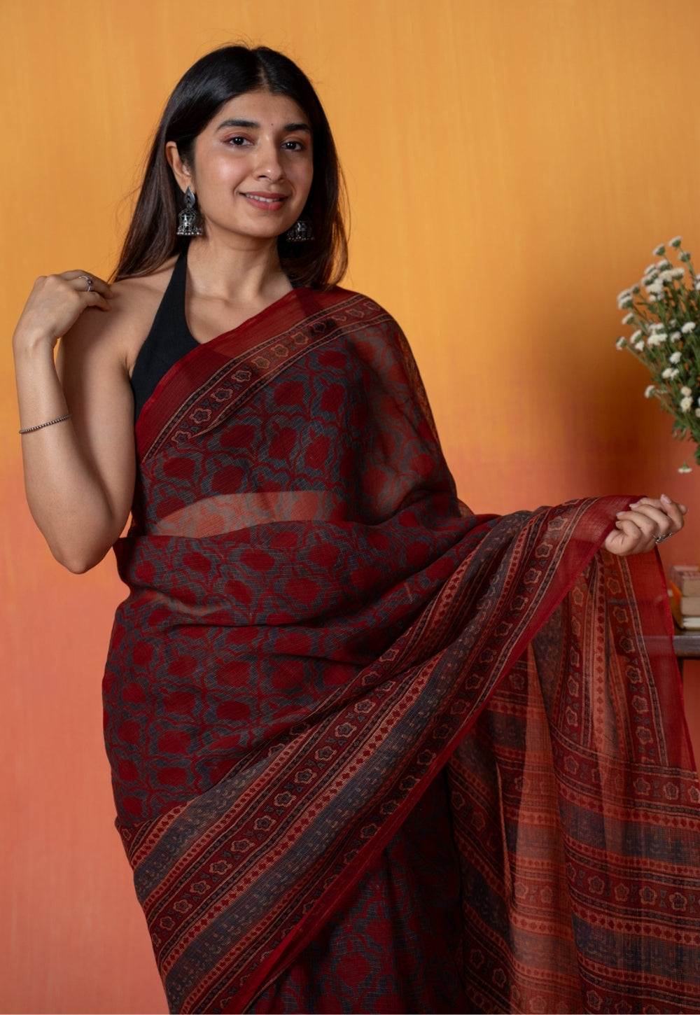 Red Floral Jaal Ajrakh Hand Block Print Kota Doria Cotton Saree