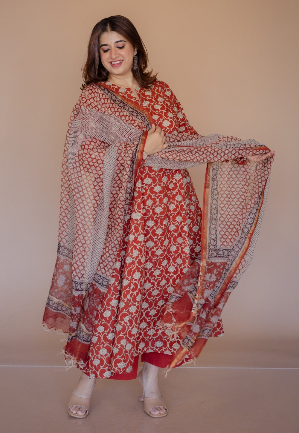 Shinat Red Bagru Cotton Kali Kurta