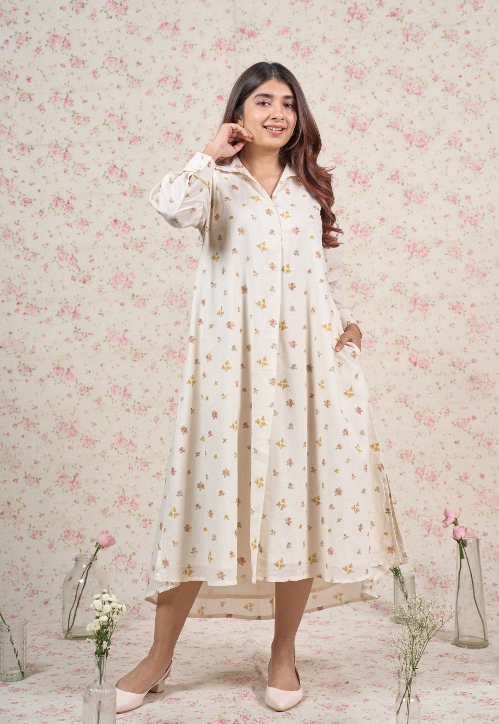 Stella White Sanganeri Mul Cotton A Line Dress