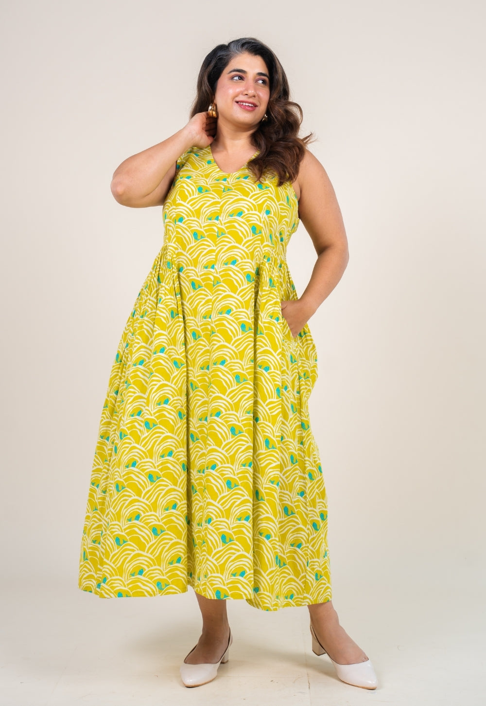 Navira Lime Green Printed Cotton A Line Dress