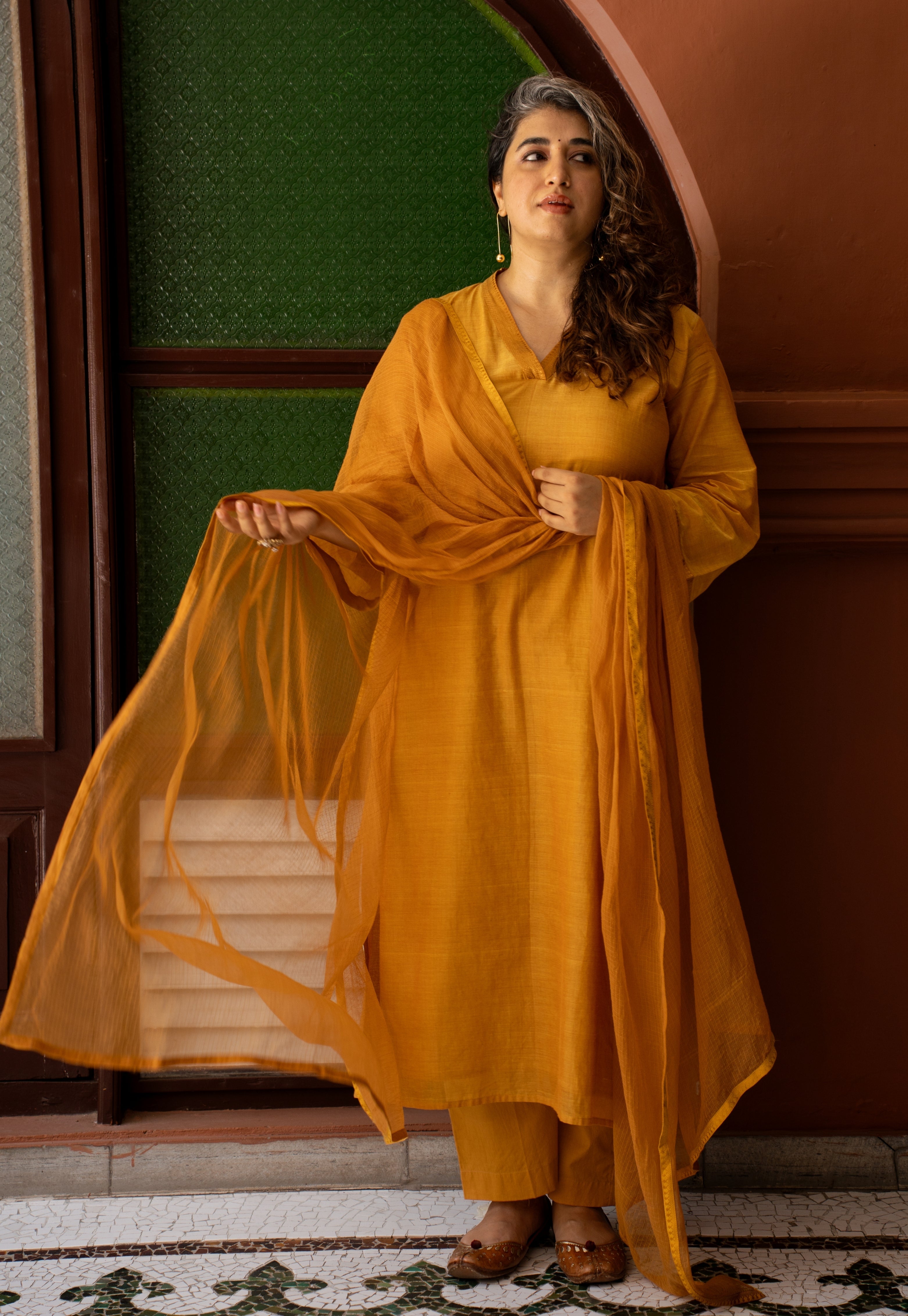 Mustard Solid Kota Doria Cotton Dupatta with Mangalgiri Border