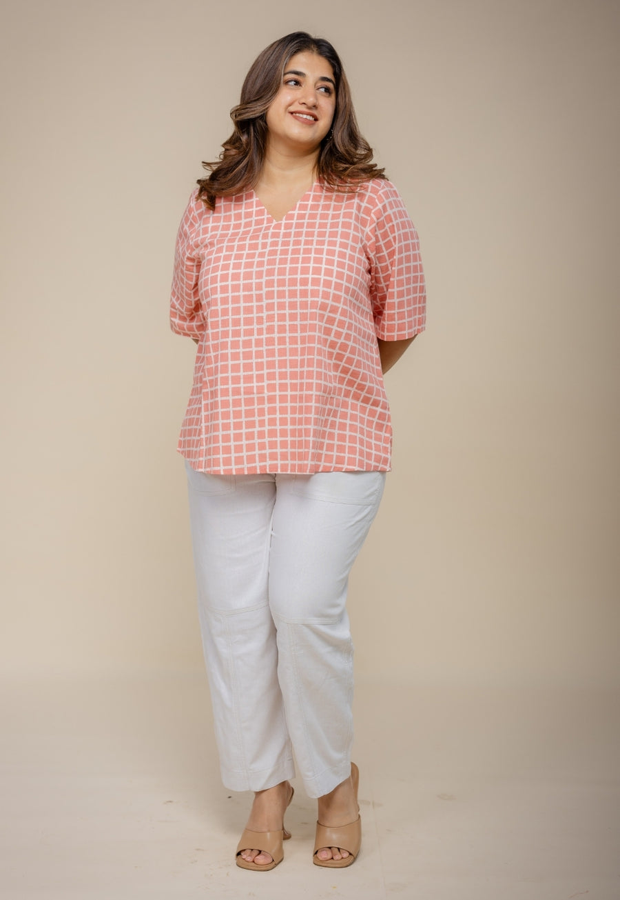 Saiya Red Hand Block Print Slub Cotton Straight Short Top